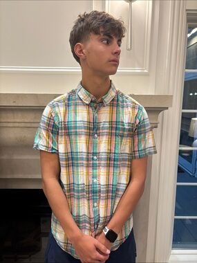 Columbia Short-Sleeve Plaid Button-Down Shirt - Green/Yellow/White